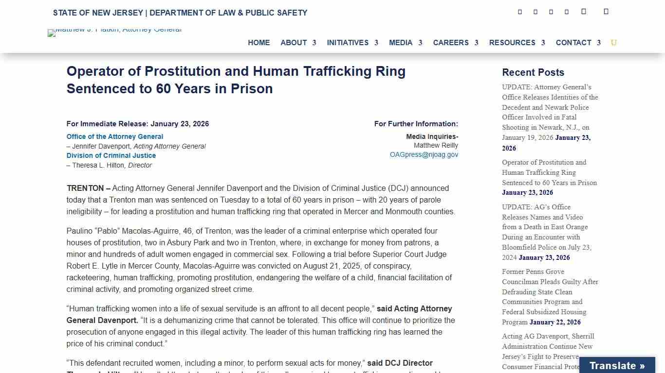 Operator of Prostitution and Human Trafficking Ring Sentenced to 60 Years in Prison - New Jersey Office of Attorney General
